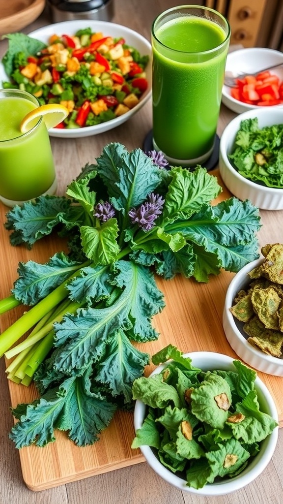 Fresh kale leaves with a salad, smoothie, and kale chips in a rustic kitchen.